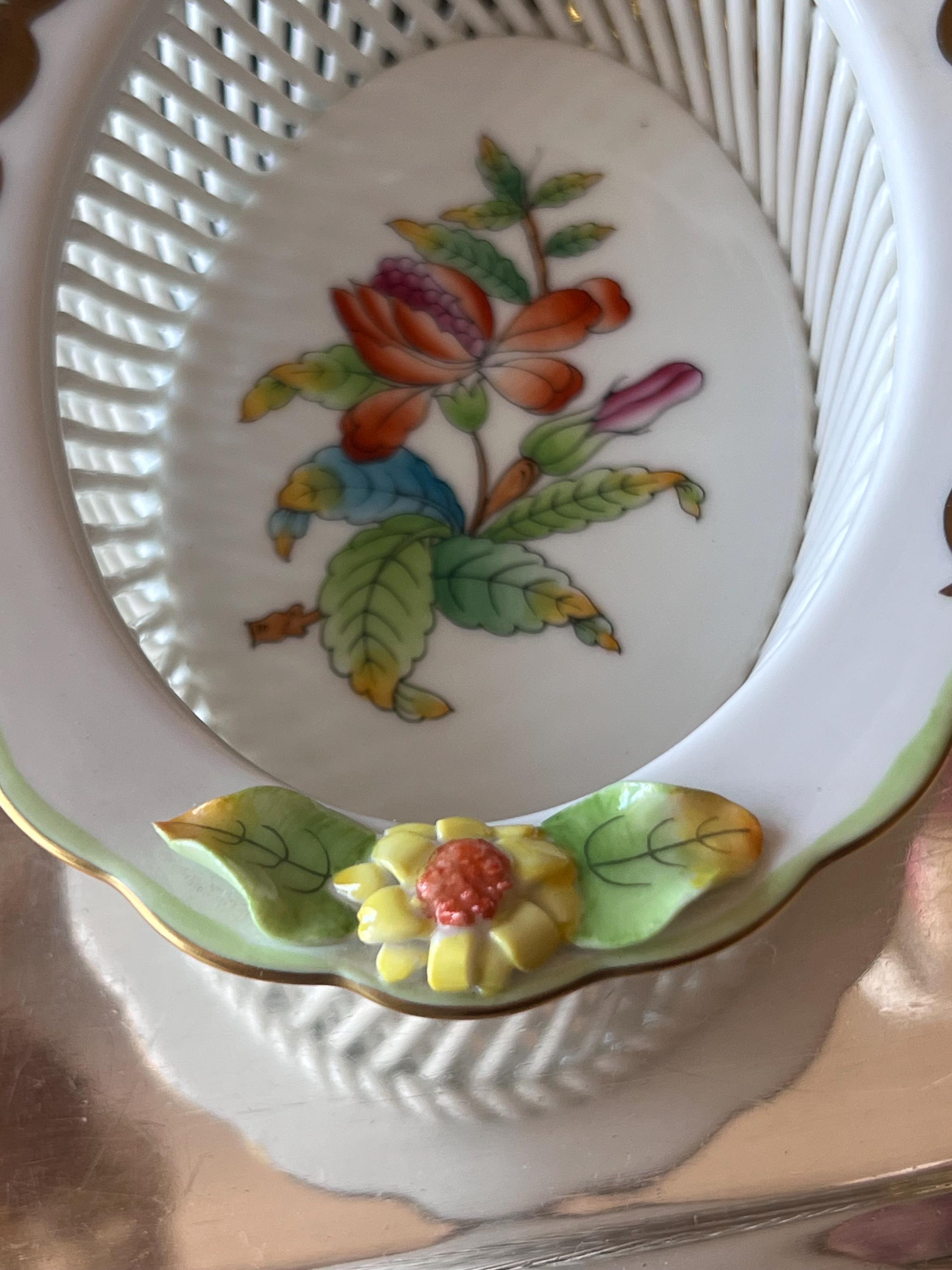 Herend Queen Victoria Open Work Oval Basket With Applied Flowers