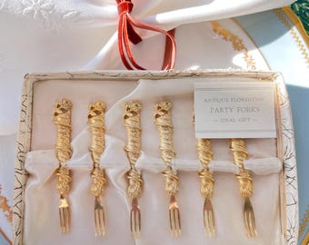Vintage gold-tone appetizer picks // small condiment forks // serving forks // midcentury // vintage flatware // charcuterie board supplies