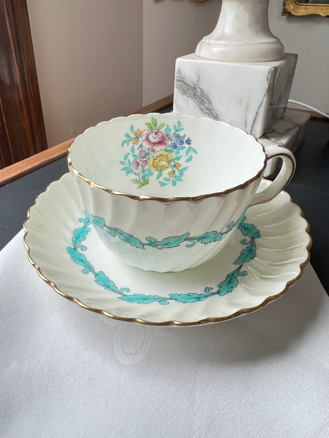 8 Minton ardmore Tea Cup and Saucer Sets // Turquoise Leaf Border With