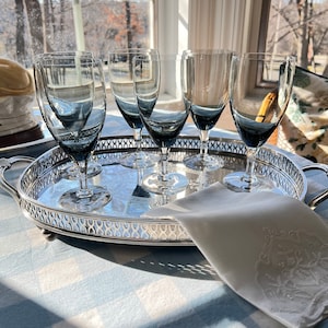 Set of 6 Fostoria Debutante Gray stemmed water glasses // elegant glassware // clear and grey glass // contemporary // vintage barware