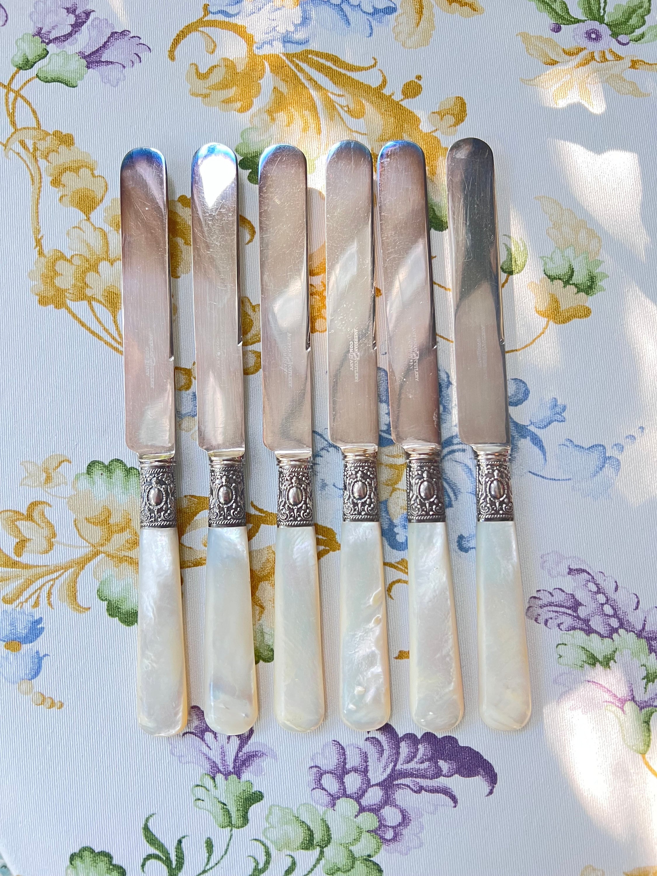 Antique Dinner Knife Set With Sterling Silver Floral Emboss