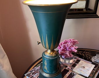 Darling vintage tole table lamp torchiere style // up light // hand painted lamp shade // gold and green