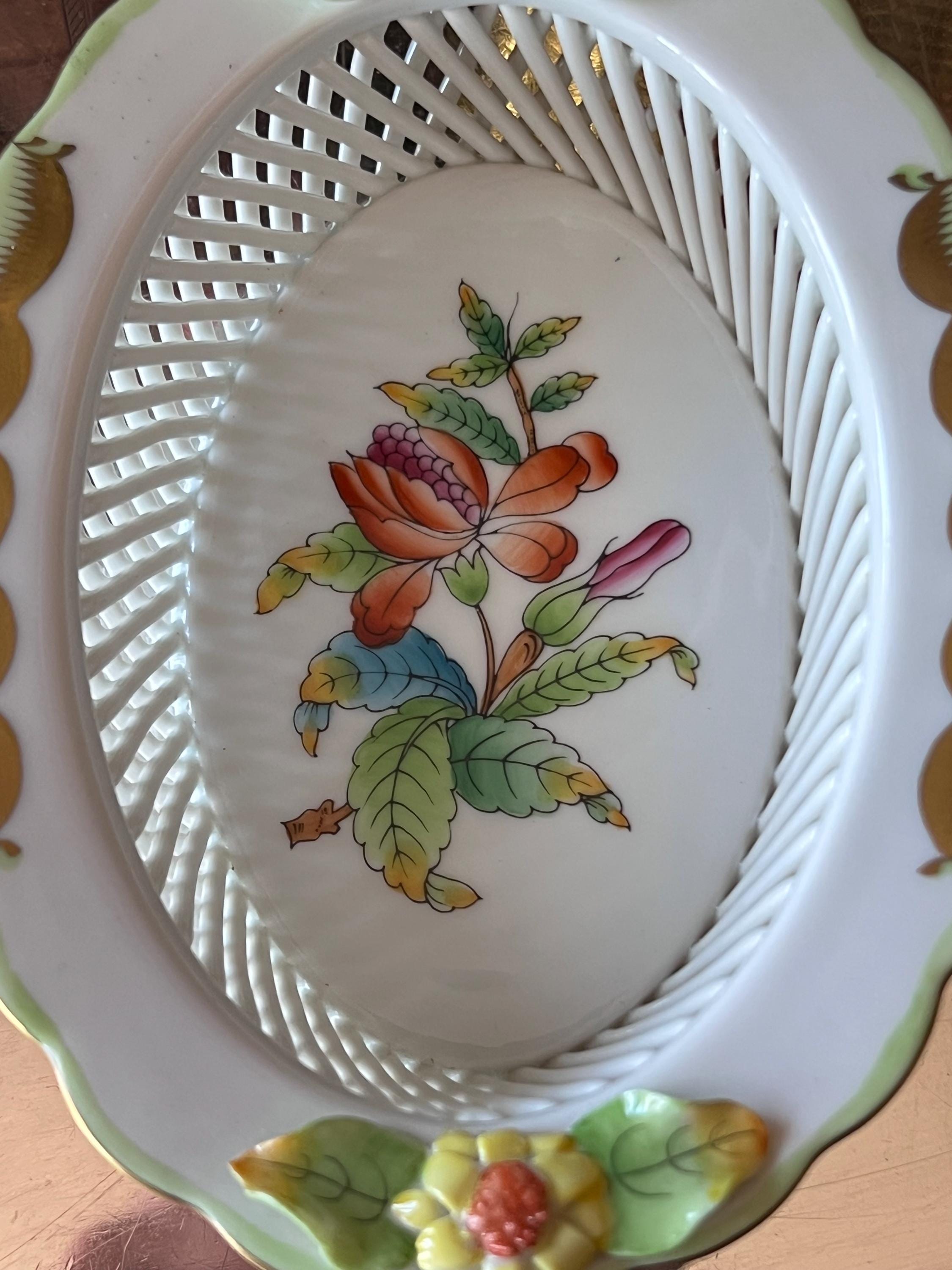 Herend Queen Victoria Open Work Oval Basket With Applied Flowers
