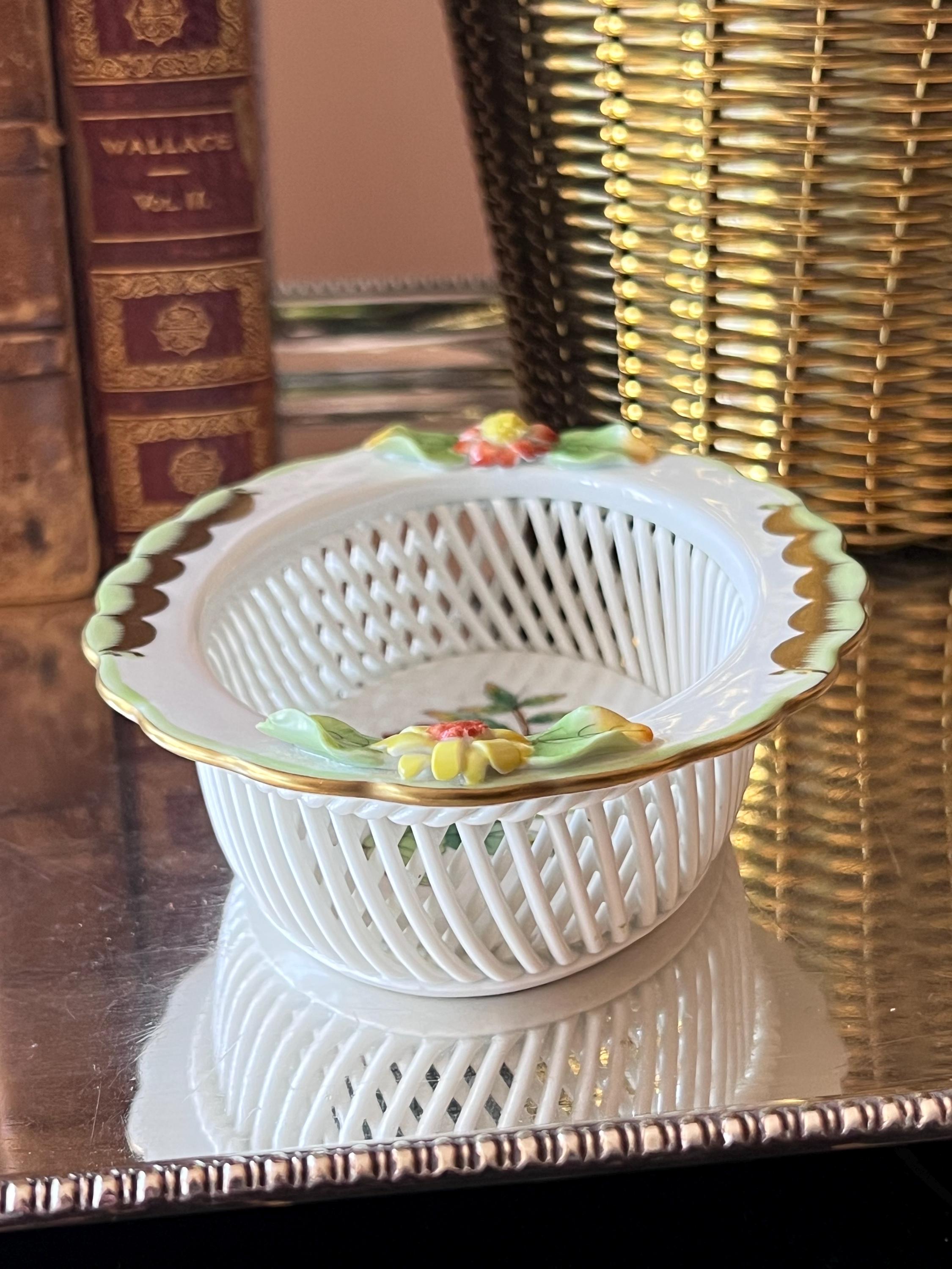 Herend Queen Victoria Open Work Oval Basket With Applied Flowers