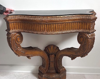 Vintage Maitland Smith stone-top table // tesselated black granite and limestone // carved demilune // wall-mount table // no free shipping