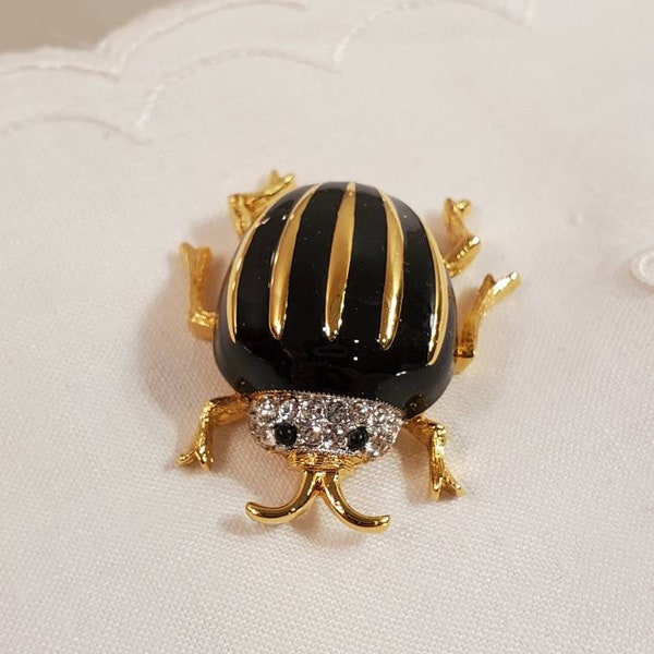 Vinatge Bijoux D'Orlan enamel beetle brooch // Swarovski crystals // black and gold // luxury costume jewelry // rhinestones