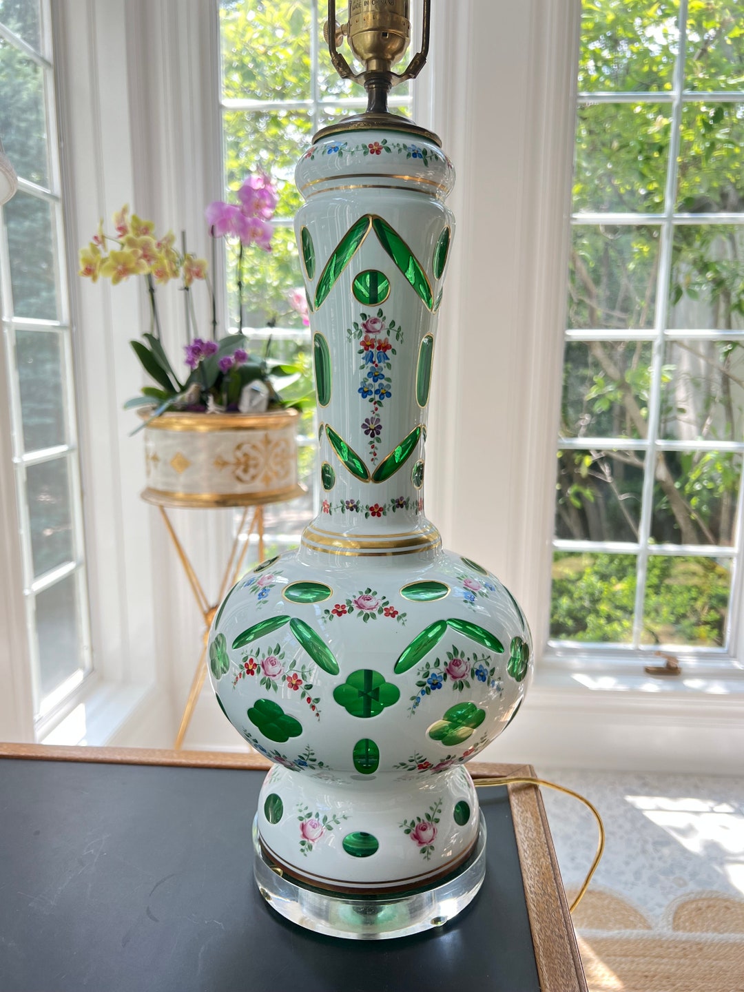 GORGEOUS Emerald Green Bohemian Glass Accent Lamp // White Opaline