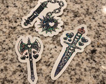 Dark Fantasy Holographic Sparkly Sticker Bundle, Medieval Weapon Decals