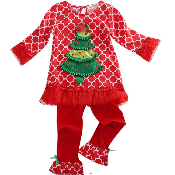 FREE SHIPPING !  Toddler-girls Christmas tree ruffled pants outfit,quarterfoil Christmas set, Girls Christmas pajamas , girls Christmas