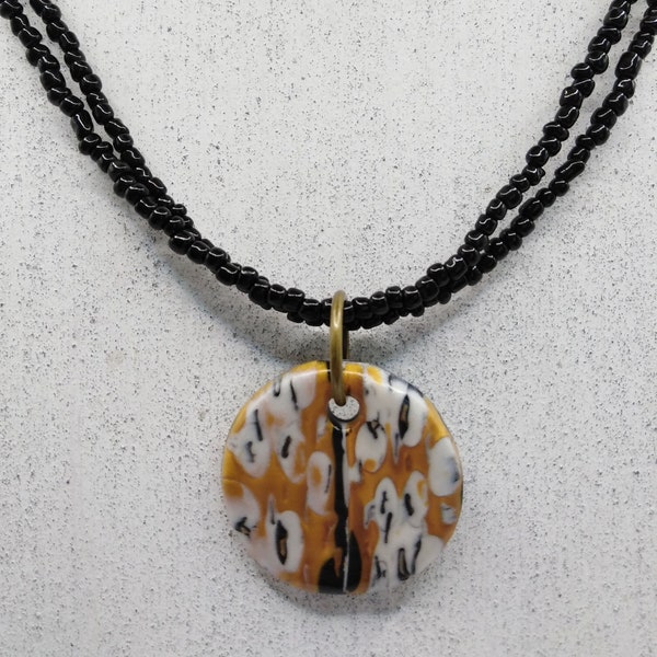 Mokume gane necklace, Mokume gane clay pendant, Marbled gold pendant, Black seed bead necklace, Gold clay pendant, OOAK necklace