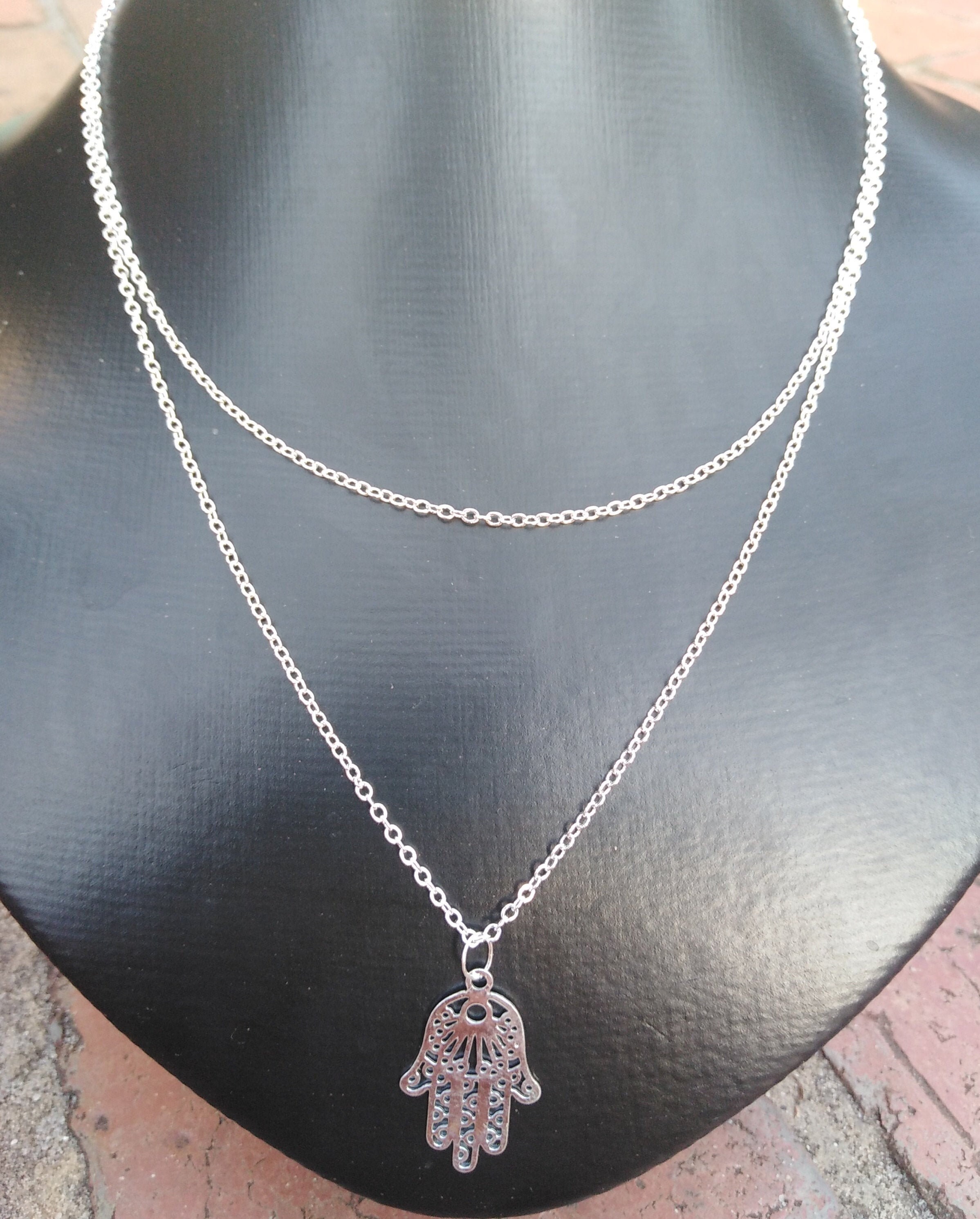 Layered Silver Chains With Hamsa Hand, Layered Silver Chains With Hand of Fatima, Silver Hamsa 
