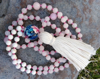 108 perline quarzo rosa mala, 108 mala di pietra rosa e bianca, Collana nappa di quarzo rosa lunga, Perle di preghiera in quarzo rosa, Mala di quarzo rosa