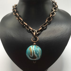Chunky chain necklace, Big link bronze chain necklace, Big bronze chain necklace, Big boho chain necklace, Turquoise pendant, Aqua pendant