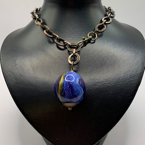 Big link bronze chain necklace, Avant garde necklace, Big boho chain necklace, Blue glazed pendant, Chunky chain, Chunky look, Avant garde