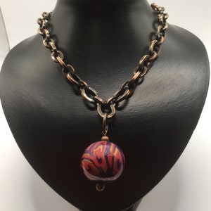 Chunky chain necklace, Big link bronze chain necklace, Big bronze necklace, Big boho necklace, Red clay pendant, Red polymer clay pendant