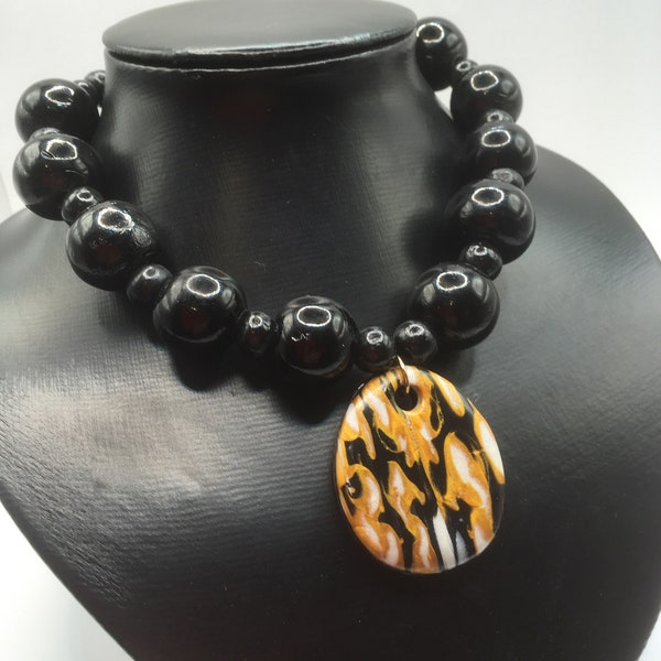 Mokume gane necklace, Chunky black necklace, Handmade clay pendant, OOAK necklace, OOAK jewellery, Marbled clay pendant, Statement necklace