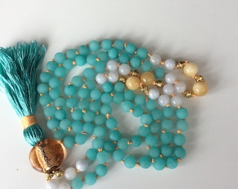 108 bead mala, frosted turquoise jade, gemstone jewellery, prayer beads, mala necklace, yoga beads, buddhist mala, yoga jewellery, gold mala