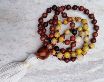 Yellow tassel necklace, Wooden tassel necklace, Mala style necklace, Impression jasper and wood necklace, Yellow and brown tassel necklace