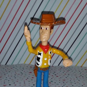 May include: A plastic toy figure of Woody from Toy Story. He is wearing his signature brown cowboy hat, yellow shirt with a black and white vest, blue jeans, and brown boots. He is holding his right arm up in the air with his index finger pointing up.