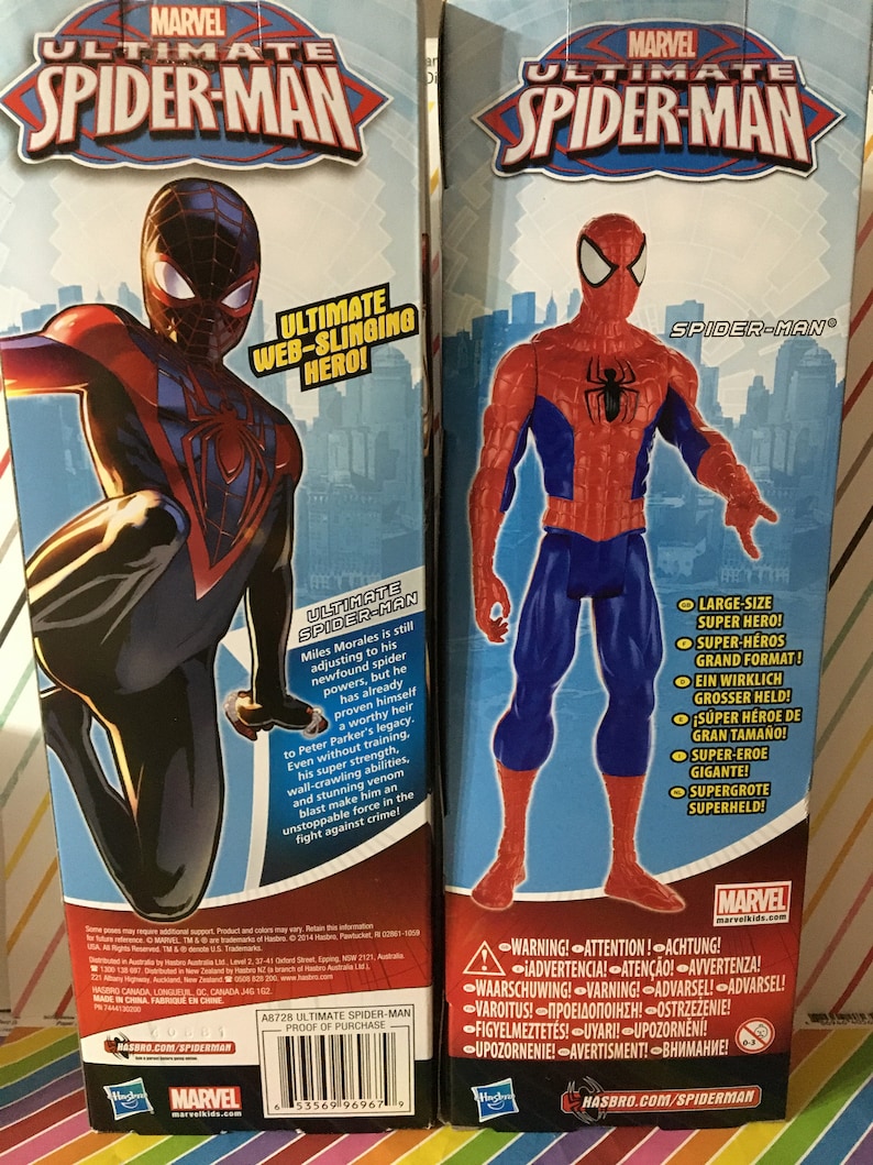May include: Two action figures of Spider-Man, one in a red and blue suit and the other in a red and black suit. Both figures are posed in a dynamic action pose. The packaging features the Marvel logo and the text "Ultimate Spider-Man".