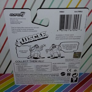 May include: A colorful cardboard backer for a WWE Muscle action figure. The backer features a cartoon image of two wrestlers, one with a snake. The backer also includes a list of WWE Legends and other action figures available in the series. The backer is red, white, and blue with a black and white image of a wrestler in the center.
