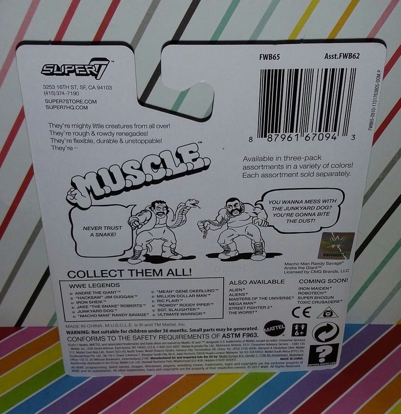 May include: A colorful cardboard backer for a WWE Muscle action figure. The backer features a cartoon image of two wrestlers, one with a snake. The backer also includes a list of WWE Legends and other action figures available in the series. The backer is red, white, and blue with a black and white image of a wrestler in the center.