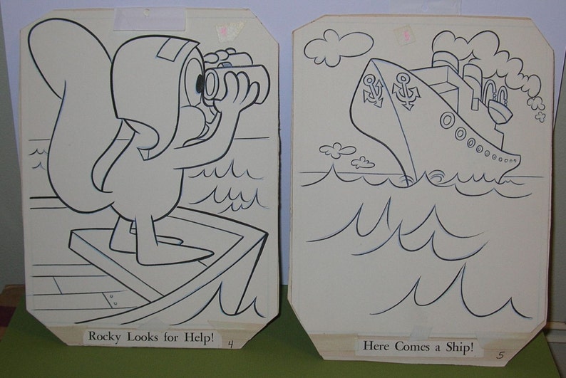 Vintage pair of Whitman Coloring Pages Featuring Jay Ward/'s Rocky Squirrel