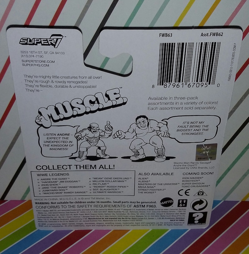 May include: A colorful cardboard box with a red, white, and blue Super 7 Muscle figure inside. The box features a wrestling theme with images of wrestlers and the text "It's not my fault being the biggest and the strongest." The box also includes a list of WWE Legends and other action figures available.