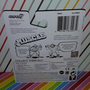May include: A white cardboard box with a colorful image of a wrestler on the front. The box features the words "MUSCLE" and "COLLECT THEM ALL!" and lists various WWE Legends and other characters. The box is for a set of action figures.