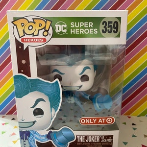 May include: A Funko Pop! vinyl figure of The Joker as Jack Frost. The figure is blue and white with a white face and a blue hat. The figure is holding a blue ice skate. The box is green and white with the Funko Pop! logo and the words "DC Super Heroes" and "Only at Target".