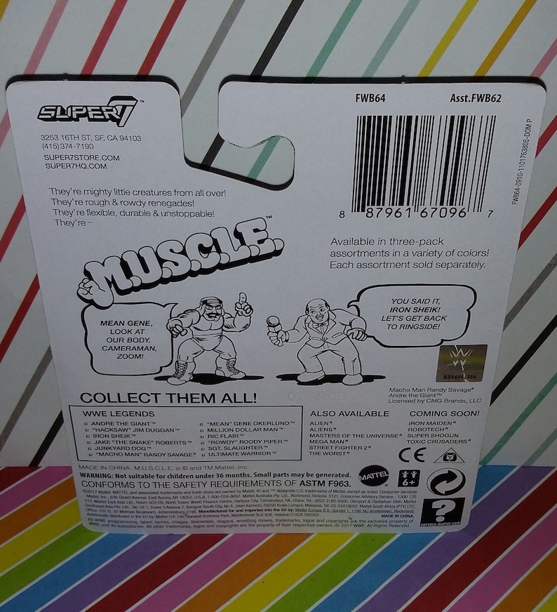 May include: A colorful cardboard box featuring a wrestling figure toy. The box has a white background with red and black stripes. The front of the box features a cartoon image of a wrestler with the words "MUSCLE" in large, bold letters. The back of the box lists various wrestling figures available in the collection. The box also includes a warning that the toy is not suitable for children under 36 months.