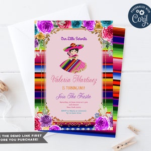 Our little Senorita is Turning Uno, 1th birthday Invitation, Mexican Girl Party Birthday Invite, Editable Colorful Mexican Fiesta, S229