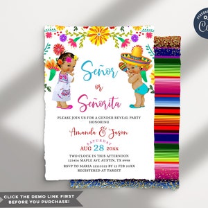 Senor or Senorita Fiesta Gender Reveal Invitation, Editable Mexican He or She theme colorful Floral invite, fiesta boy or girl invite, S293
