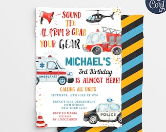 EDITABLE Emergency Vehicles Birthday Invitation, Police Car Firetruck Birthday Invite Printable First Responders Sound the alarm invite S330