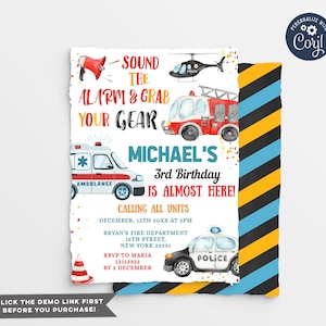 EDITABLE Emergency Vehicles Birthday Invitation, Police Car Firetruck Birthday Invite Printable First Responders Sound the alarm invite S330