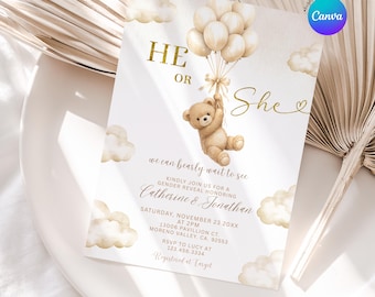 Beige Balloons He Or She Bear Gender Reveal Invitation, Minimalist Boho Cloud We Can Bearly Wait Reveal, Boy Or Girl Gender Neutral Party B6