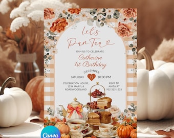 Könnte beinhalten: Einladungskarte zum Thema Teeparty mit Blumen und Kürbissen. Die Karte lautet "Let's Dan Tea" und lädt Gäste zum 1. Geburtstag von Catherine ein. Das Design umfasst eine Teekanne, Tassen und Kuchen.
