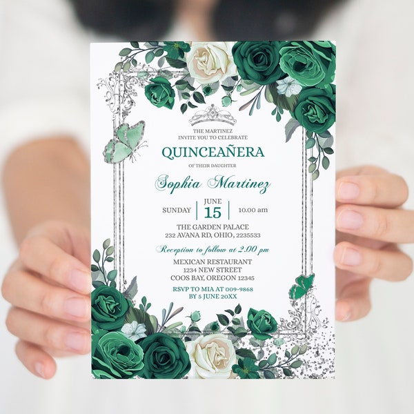 Editable Mis Quince Emerald Green & Silver Birthday Invitation, Elegant Mexican princess quinceañera invite, Spanish girl sweet 16th, S385