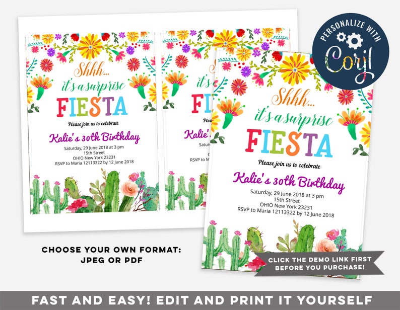 editable surprise mexican fiesta party invitation, Shhh it's a surprise fiesta, mexican birthday party invitation, fiesta surprise birthday image 3