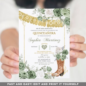 Editable Princess Boot Gold Sage Quinceañera Invitation, Sage Green western boots Mis quince, Sage Green Flowers birthday party invite, S243