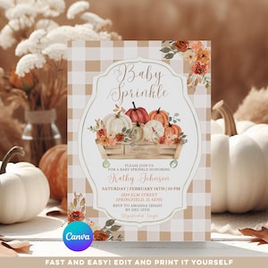 May include: Baby Sprinkle invitation with a rustic theme. The design features a wooden cart filled with pumpkins and floral accents. The invitation includes event details and the text "Fast and Easy! Edit and Print It Yourself."