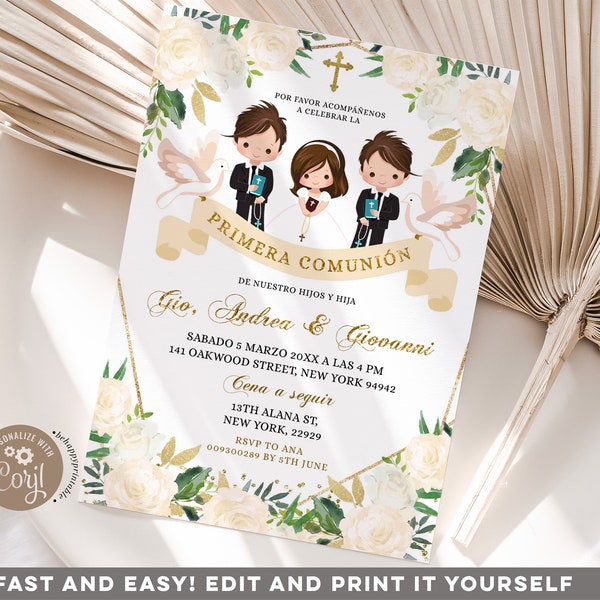 Editable spanish sibling primera comunion invitacion, elegant gold white floral boys girl christening, geometric primera comunion invite Z95