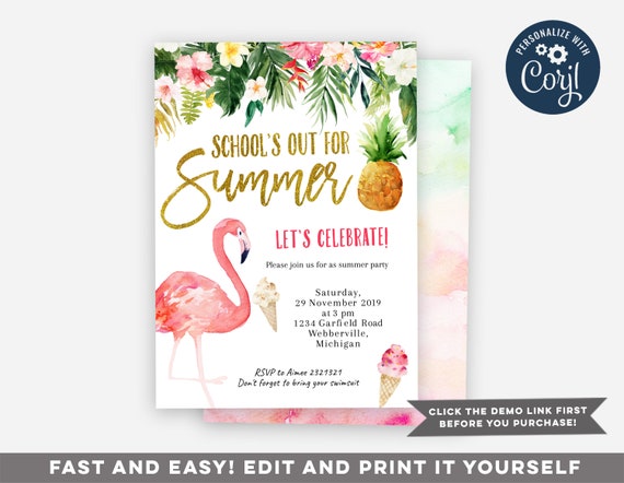 Flamingo End Of School Summer Party Invitation End Of School Etsy