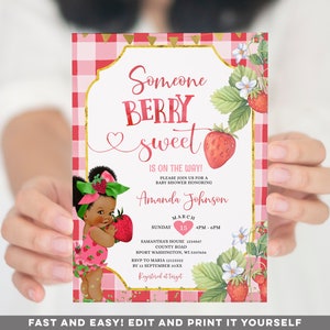 編集可能なSomeone Berry Sweet Girl African Baby Shower招待状、かわいいアフロアメリカンの女の赤ちゃんストロベリージェンダーニュートラルパーティー招待状、S320
