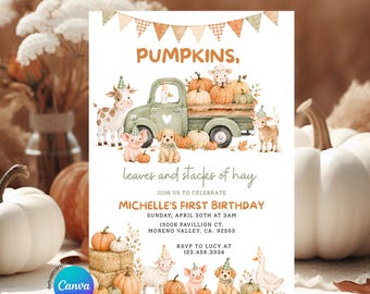 Editable Farm Animals Pumpkin Leaves and Stacks of Hay Kid's Birthday Invitation, Fall Autumn Sage Green Truck Birthday Party Invite, GC2