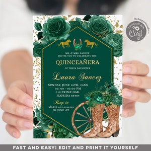 Editable emerald green western quinceañera invitation, gold emerald rose floral mis xv años, cowgirl boots & horse mis quince invitation Q23