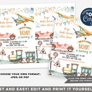 May include: Editable invitation template for a 5th birthday party with a transportation theme. The invitation features a red car, a yellow airplane, and a blue train with gold glitter accents. The text on the invitation reads "Join us to celebrate Noah is turning 5!" and includes details about the party, such as the date, time, and location.