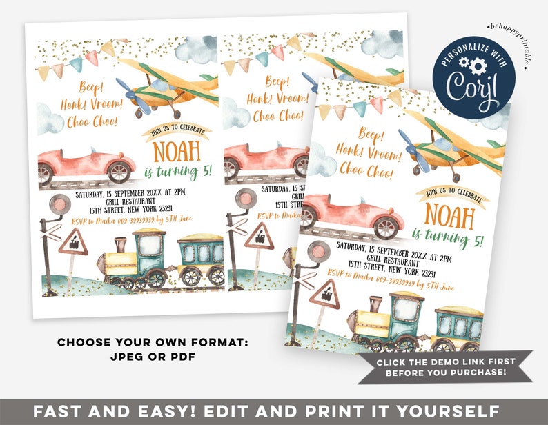 May include: Editable invitation template for a 5th birthday party with a transportation theme. The invitation features a red car, a yellow airplane, and a blue train with gold glitter accents. The text on the invitation reads "Join us to celebrate Noah is turning 5!" and includes details about the party, such as the date, time, and location.