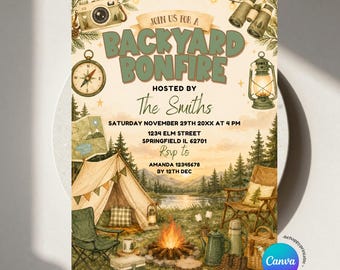 Editable Fall Backyard Bonfire Camping Party Sage Green Invitation, Campfire BBQ House warming, Outdoor Campfire Gathering invite, ZLC08