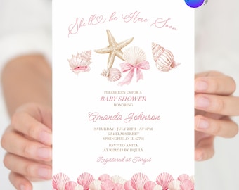 Editable Pink Coastal She'll be here soon Baby Shower Invitation, Nautical Baby Is On The Way Baby Shower Invite, Under de Sea Animals Z100